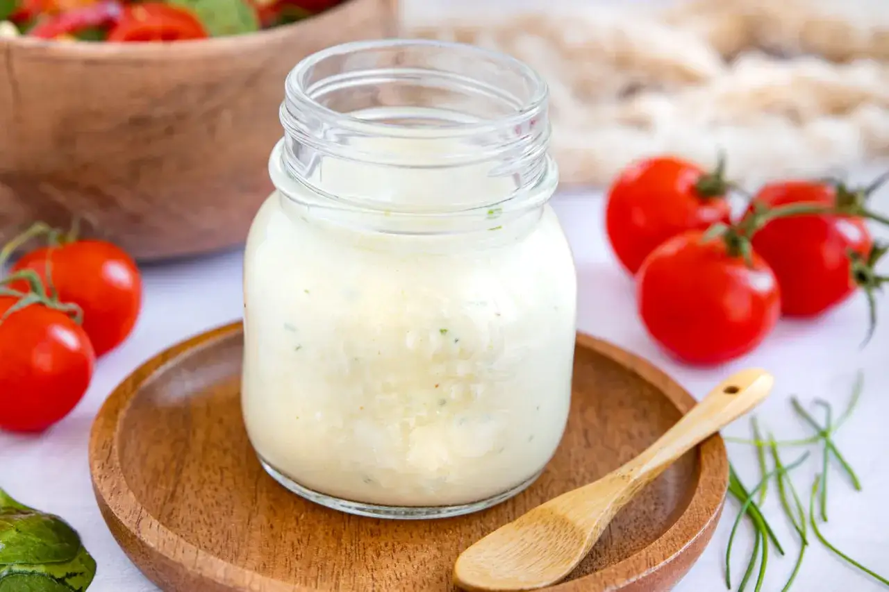 Cremiges Salatdressing im Glas, perfekt für dein nächstes Salatdressing Rezept. Dazu frische Tomaten und Kräuter.