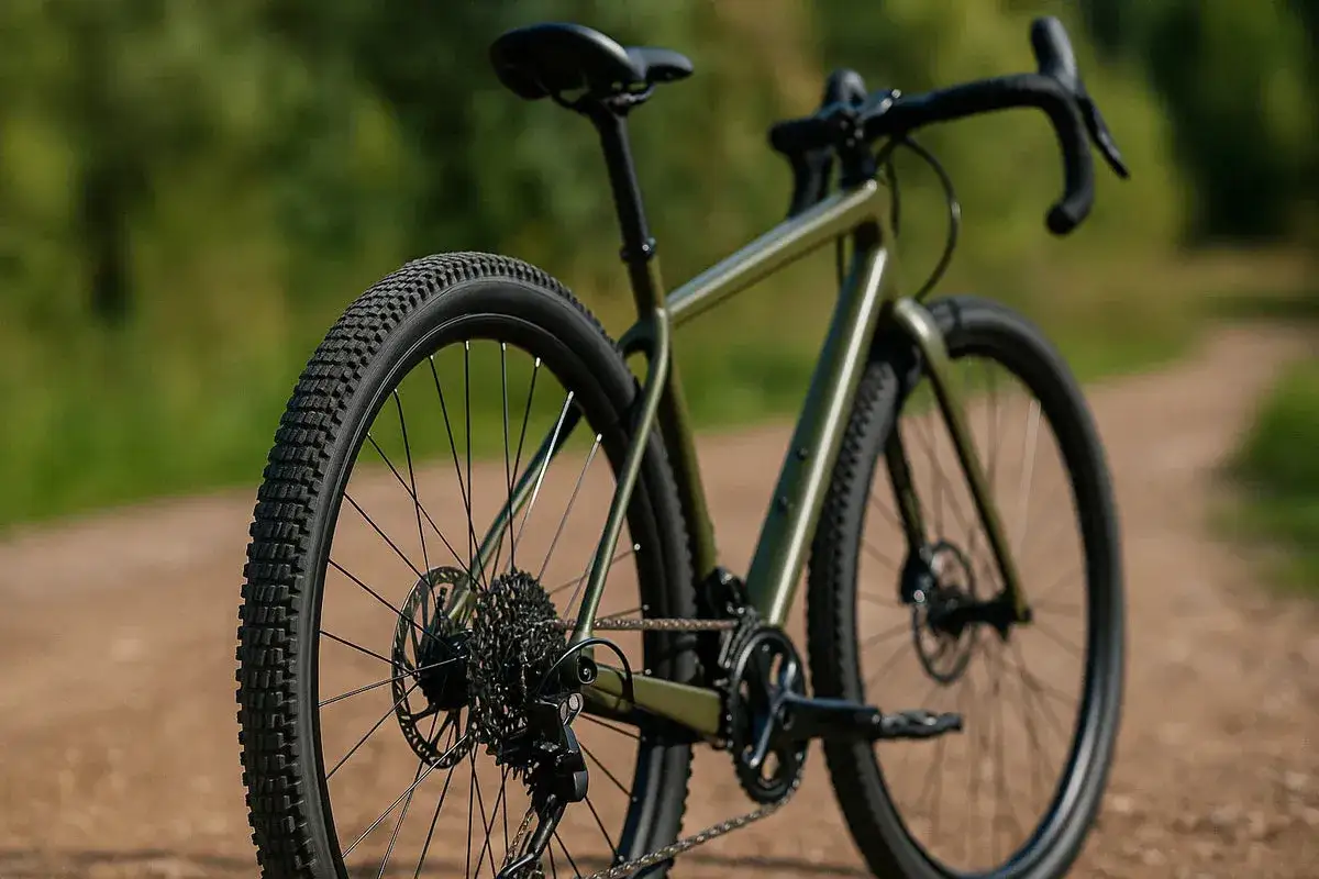 Grünes Gravelbike mit breiten Reifen auf einem Feldweg. Perfekt, um zu erkunden, was ist graveln und neue Wege zu entdecken.