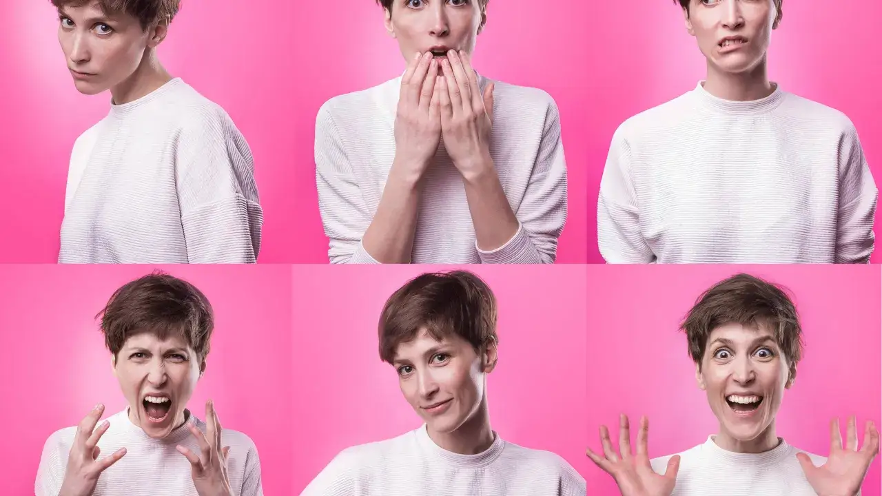 Six portraits d'une femme exprimant diverses émotions. Un sourire pincé peut signifier la gêne ou l'incrédulité.