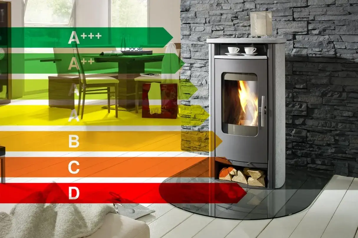 Moderner Kaminofen mit hoher Energieeffizienz. Der hohe holzofen wirkungsgrad wird durch die Energieeffizienzklasse A+++ angezeigt.