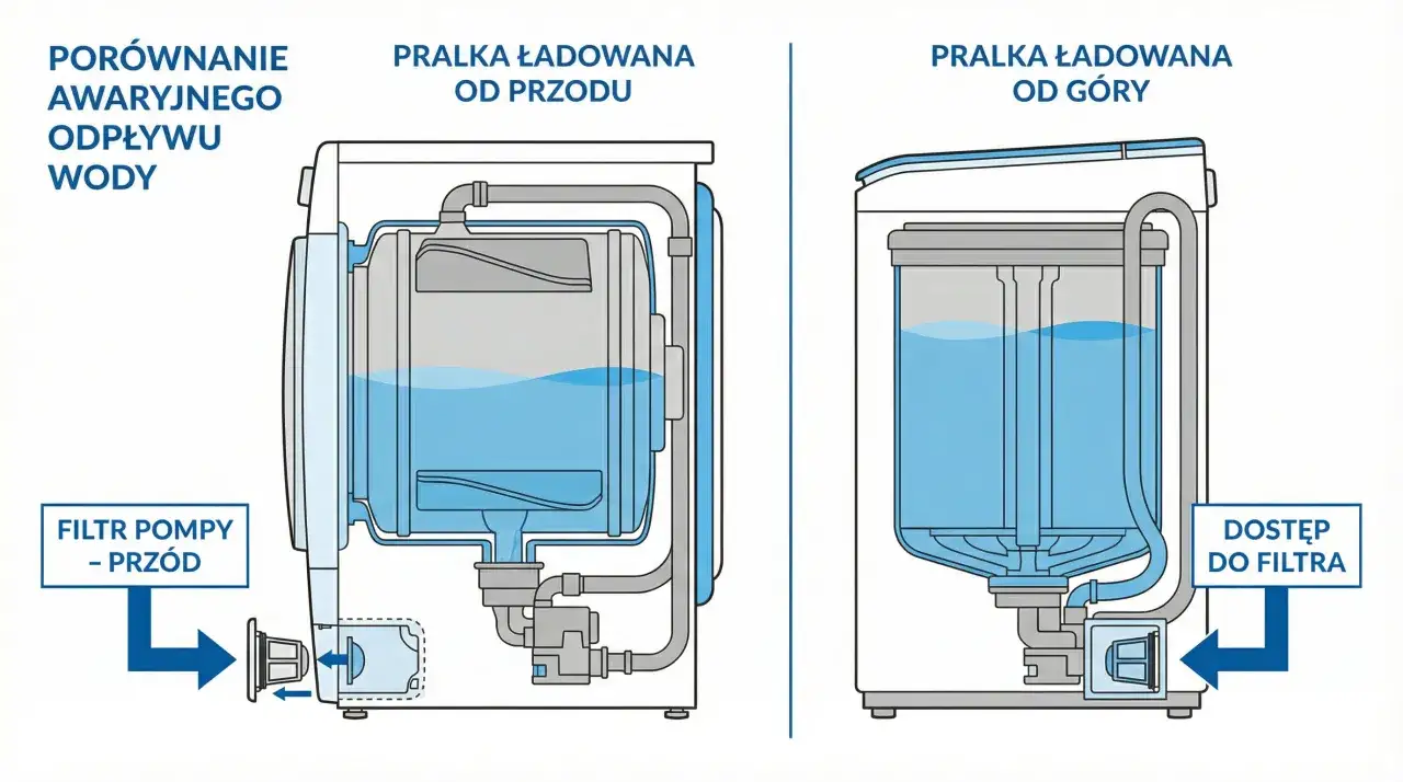 Porównanie odpływu awaryjnego w pralkach. Dowiedz się, jak wyczyścić filtr w pralce bez zalania całej łazienki wodą, pokazano dostęp do filtra.