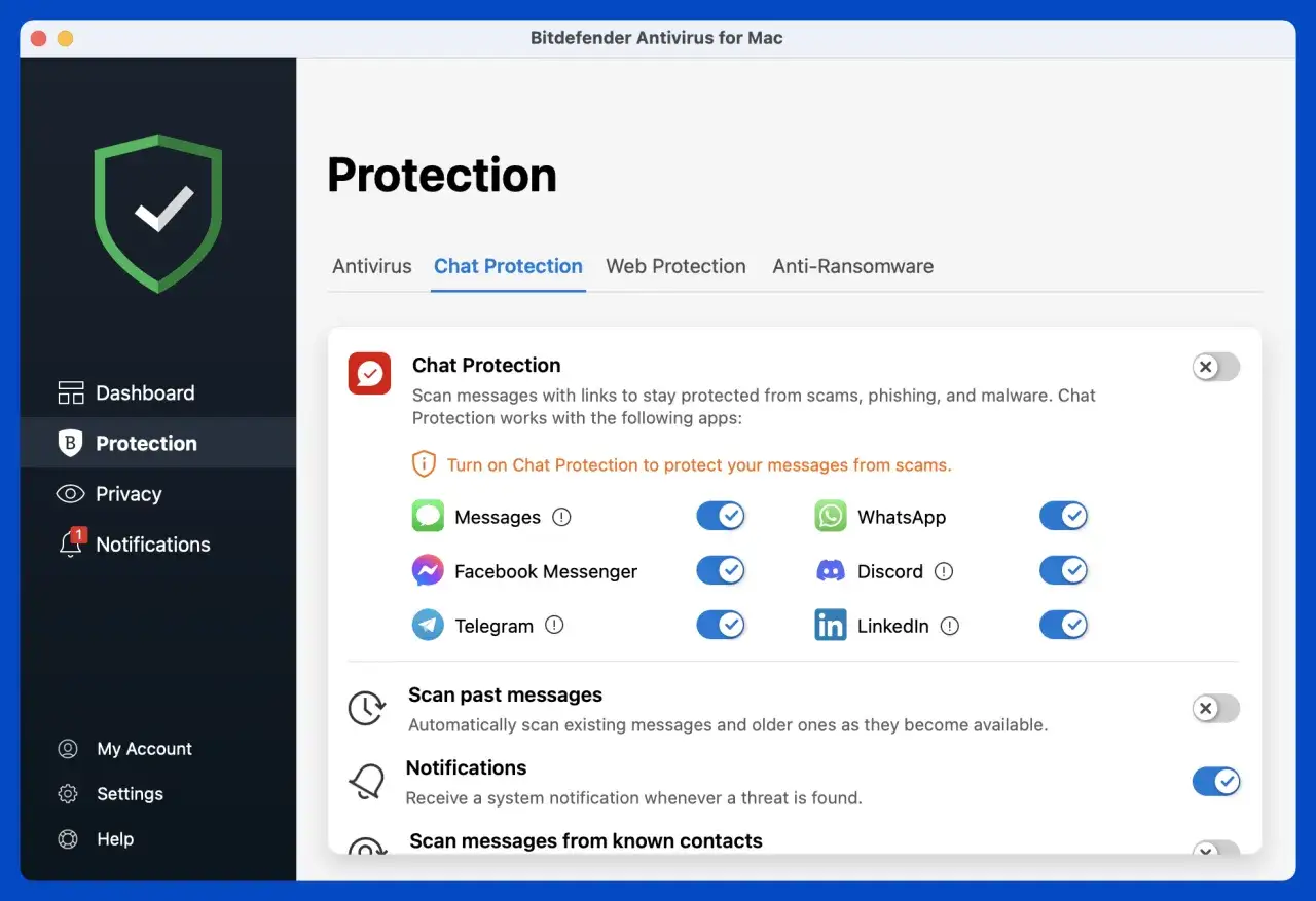 Interfejs Bitdefender Antivirus for Mac z włączoną ochroną czatu. Zapewnia bezpieczeństwo wiadomości na komunikatorach.