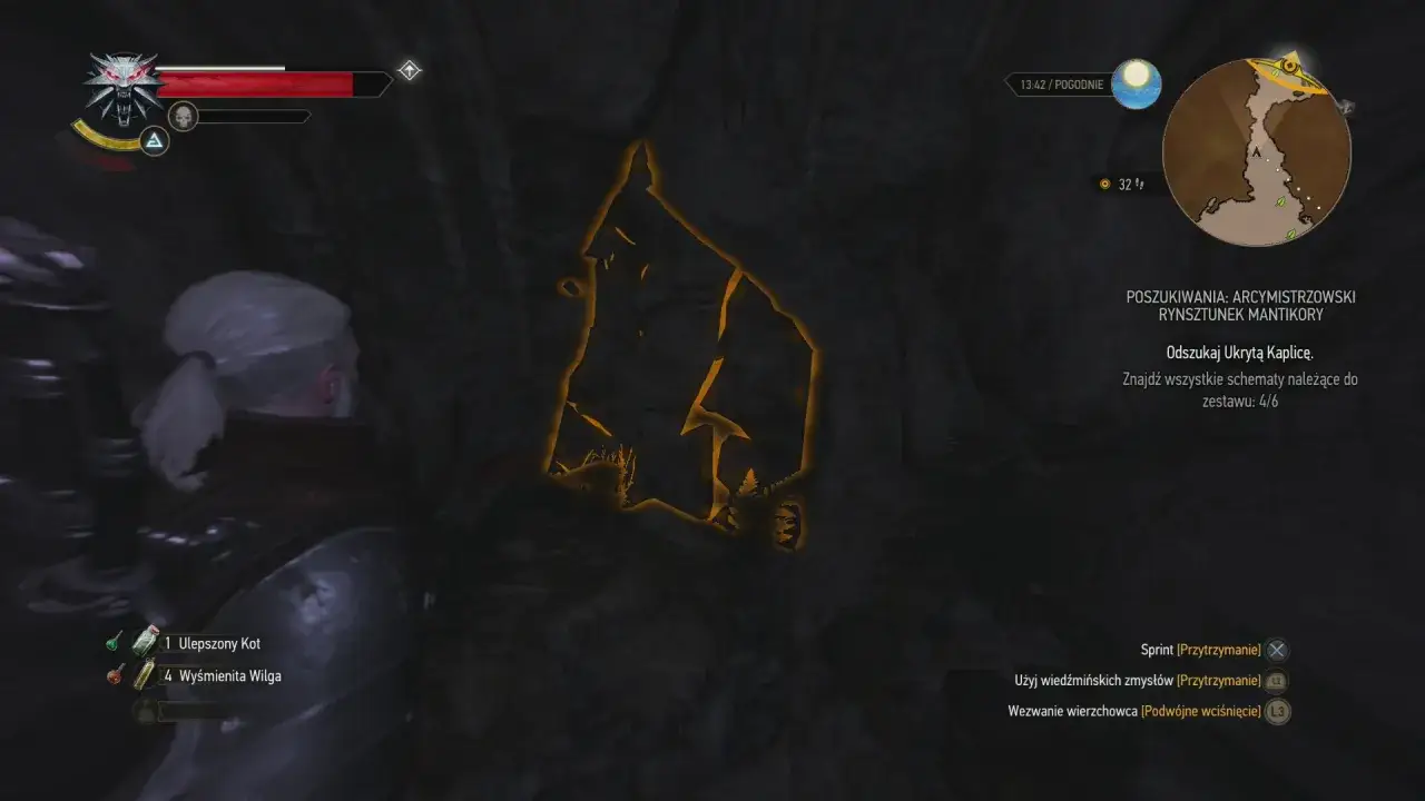 Geralt szuka schematów do zbroi Wiedźmin 3 Manticore Armor. Na ścianie jaskini widnieje złoty zarys.