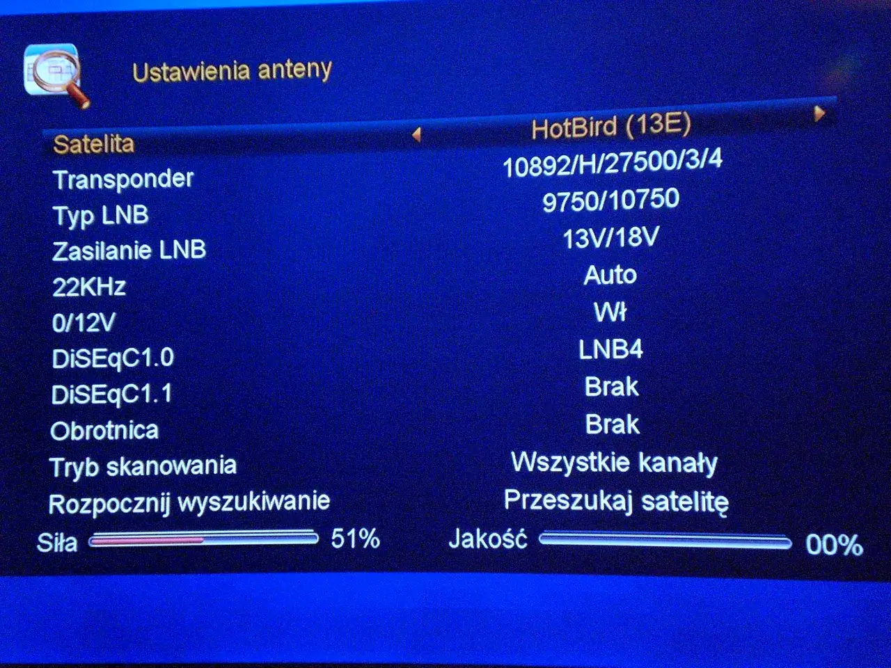 Menu dekodera satelitarnego wyszukiwanie kanałów