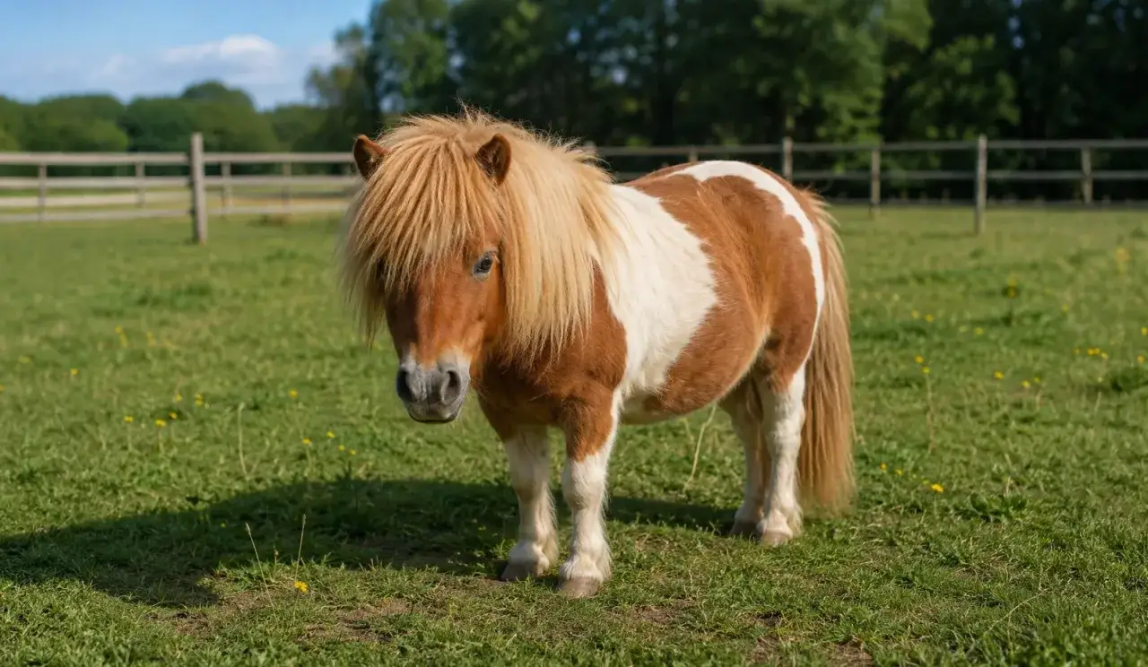 Un adorable poney bai et blanc, avec une crinière blonde ébouriffée, se tient dans un pré. Il semble être le prix cheval de la journée.