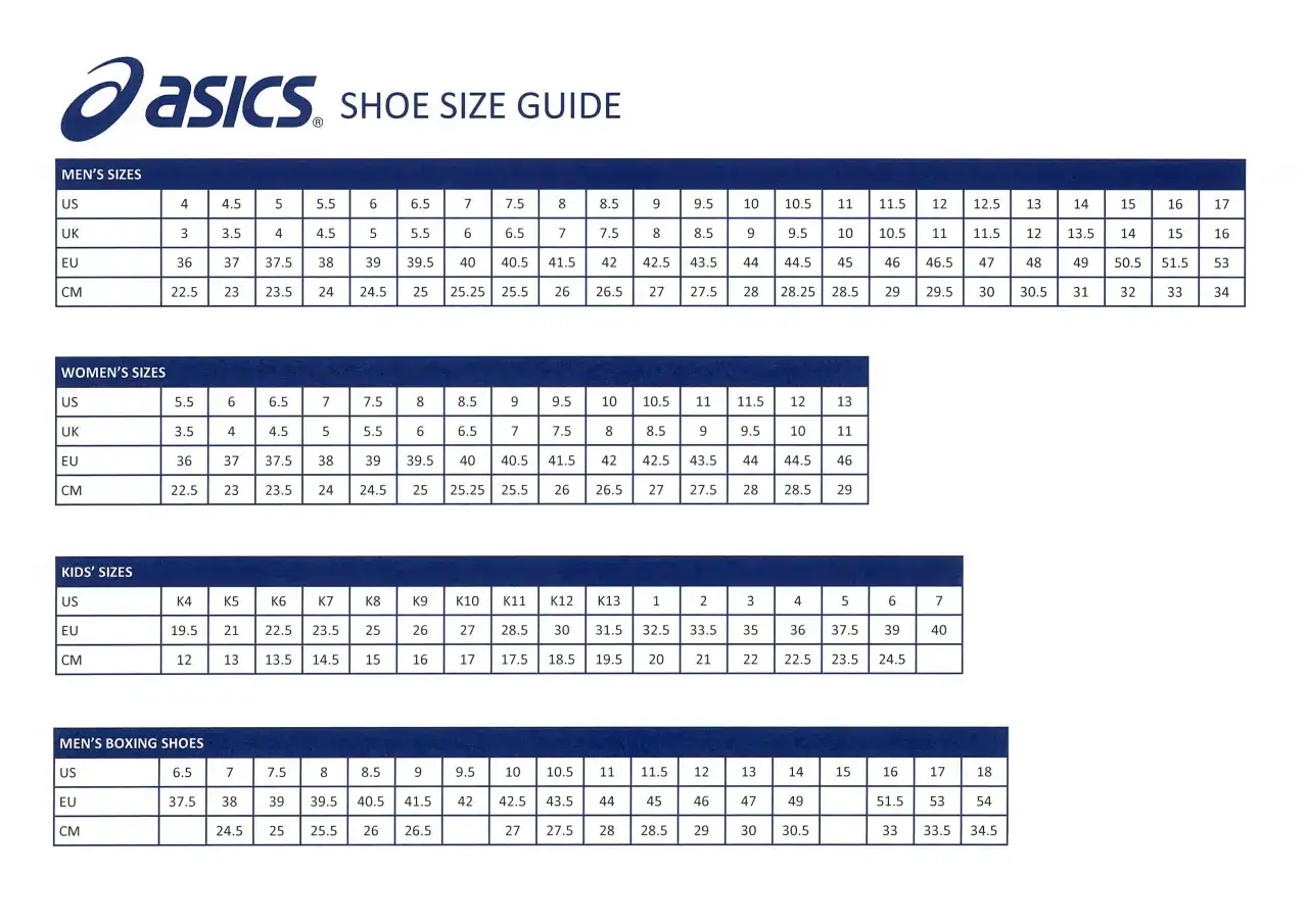 Tabela rozmiar&oacute;w Asics: męskie, damskie, dziecięce i bokserskie. Znajdź idealny rozmiar dla siebie.
