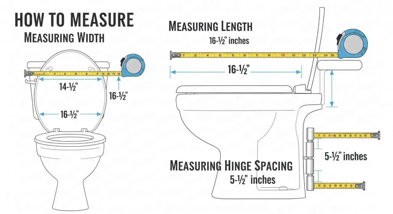 Diagram shows how to measure toilet seat width, length, and hinge spacing. Essential steps before you learn how to replace toilet seat.