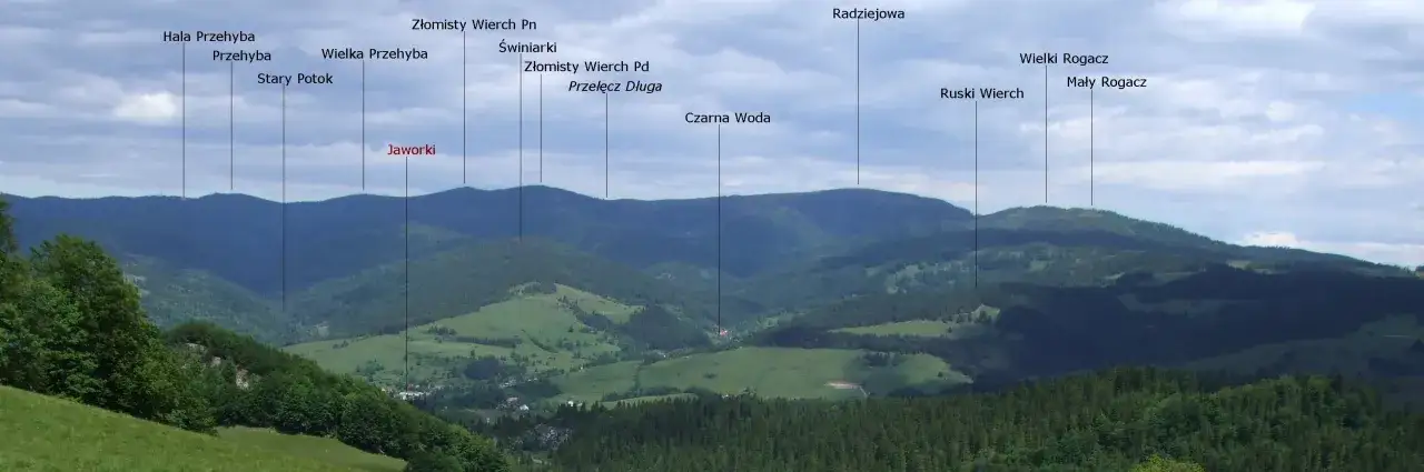 Widok na góry w okolicach Muszyny, z zaznaczonymi szczytami jak Jaworki, Przehyba i Radziejowa.