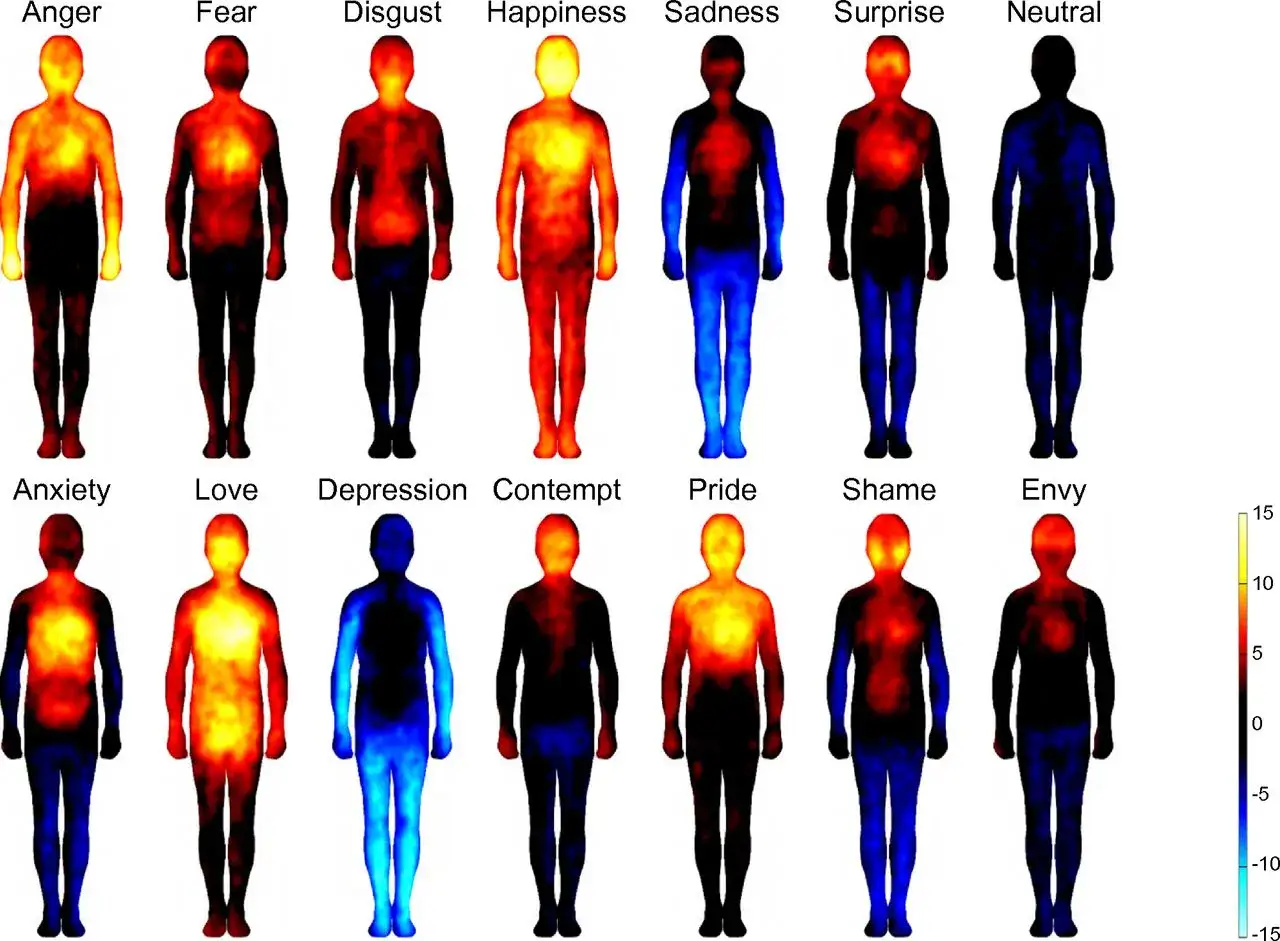 Mappe corporee che illustrano le diverse aree di attivazione per varie emozioni: rabbia, paura, disgusto, felicità, tristezza, sorpresa, ansia, amore, depressione, disprezzo, orgoglio, vergogna, invidia e stato neutro.