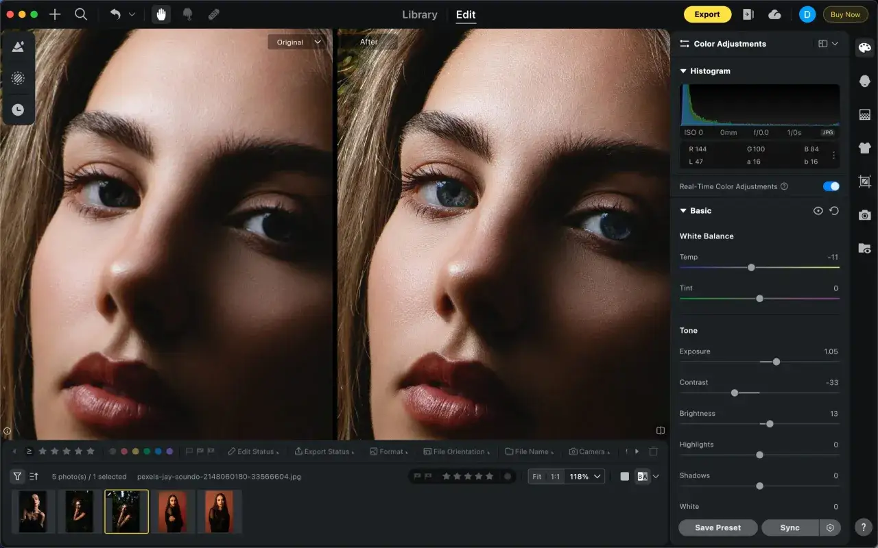 Primer plano de un rostro, comparando el antes y el despu&eacute;s de aplicar t&eacute;cnicas de **dodge and burn** para realzar detalles y volumen.