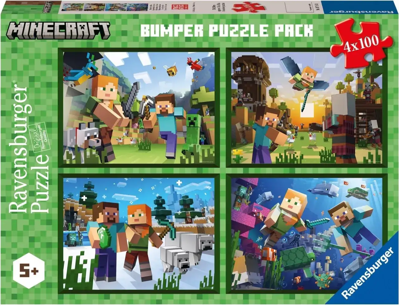 Zestaw czterech puzzli Minecraft: Steve i Alex eksplorują różne biomy, od zielonych lasów po podwodne głębiny.