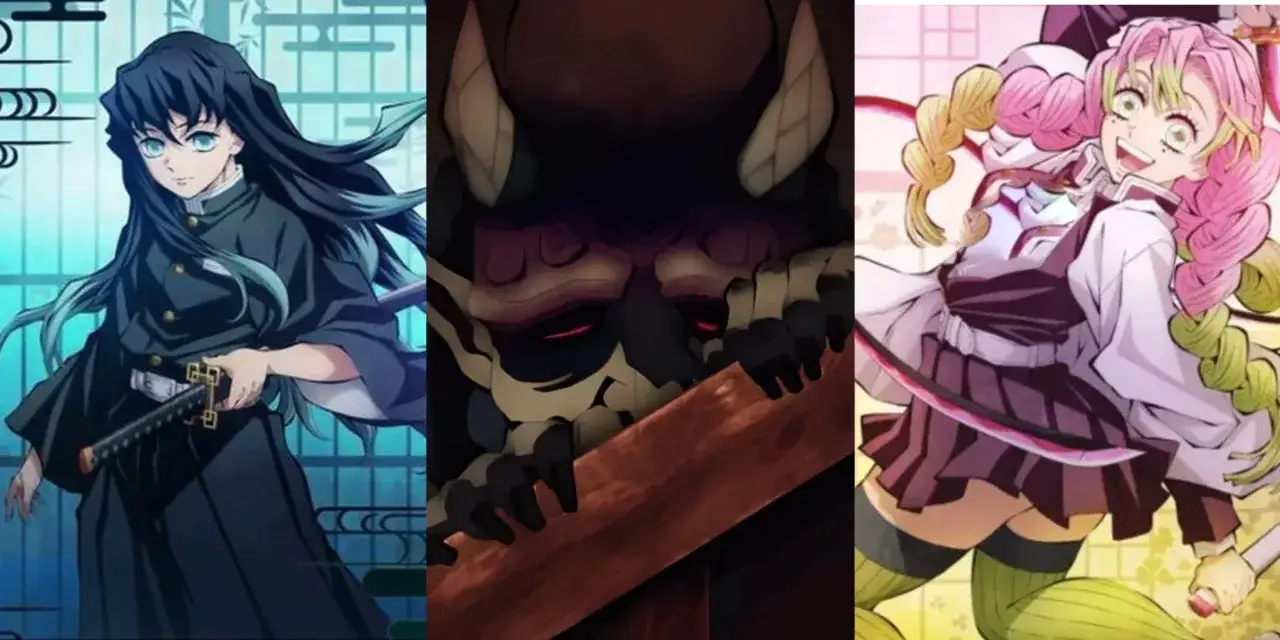Muichiro Tokito, ein Dämon und Mitsuri Kanroji sind bereit für den Kampf in Demon Slayer Staffel 3.