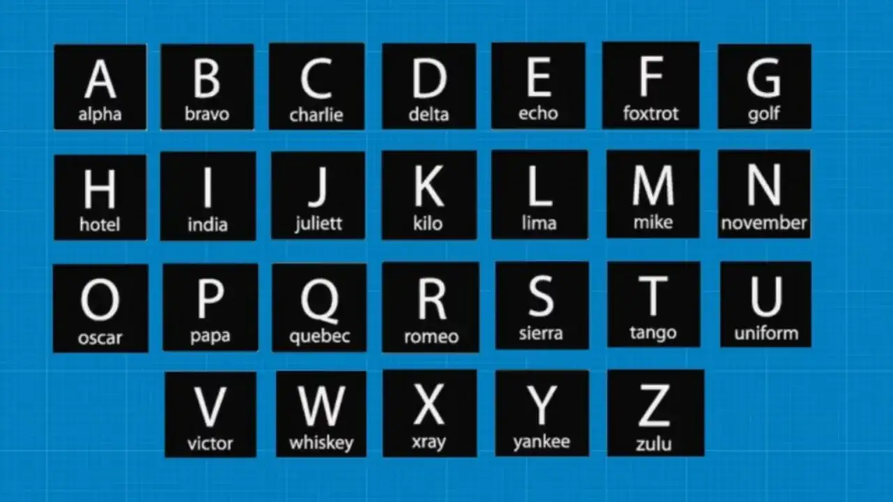 Das Piloten ABC mit den Buchstaben A-Z und ihren NATO-Phonetischen Namen wie Alpha, Bravo, Charlie.