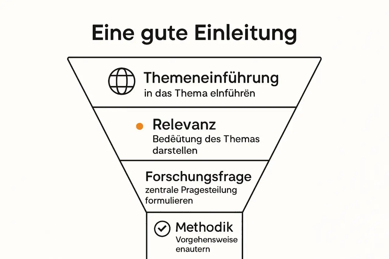 Diagrama de embudo que muestra los pasos para una buena introducción: tema, relevancia, pregunta de investigación y metodología.