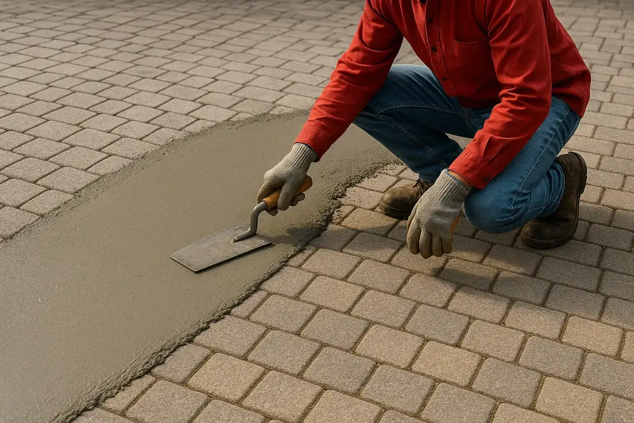 Un ouvrier, accroupi, utilise une truelle pour peindre des pavés autobloquants avec du mortier.