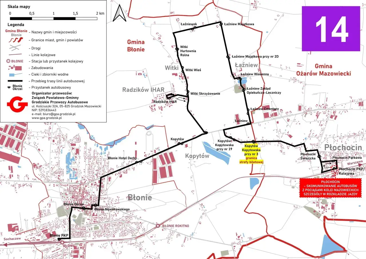 Mapa z trasą autobusu nr 14, obejmująca miejscowości takie jak Błonie, Wici, Łazieniew, Kopytów i Płochocin. Rozkład jazdy PKS Grodzisk Mazowiecki.