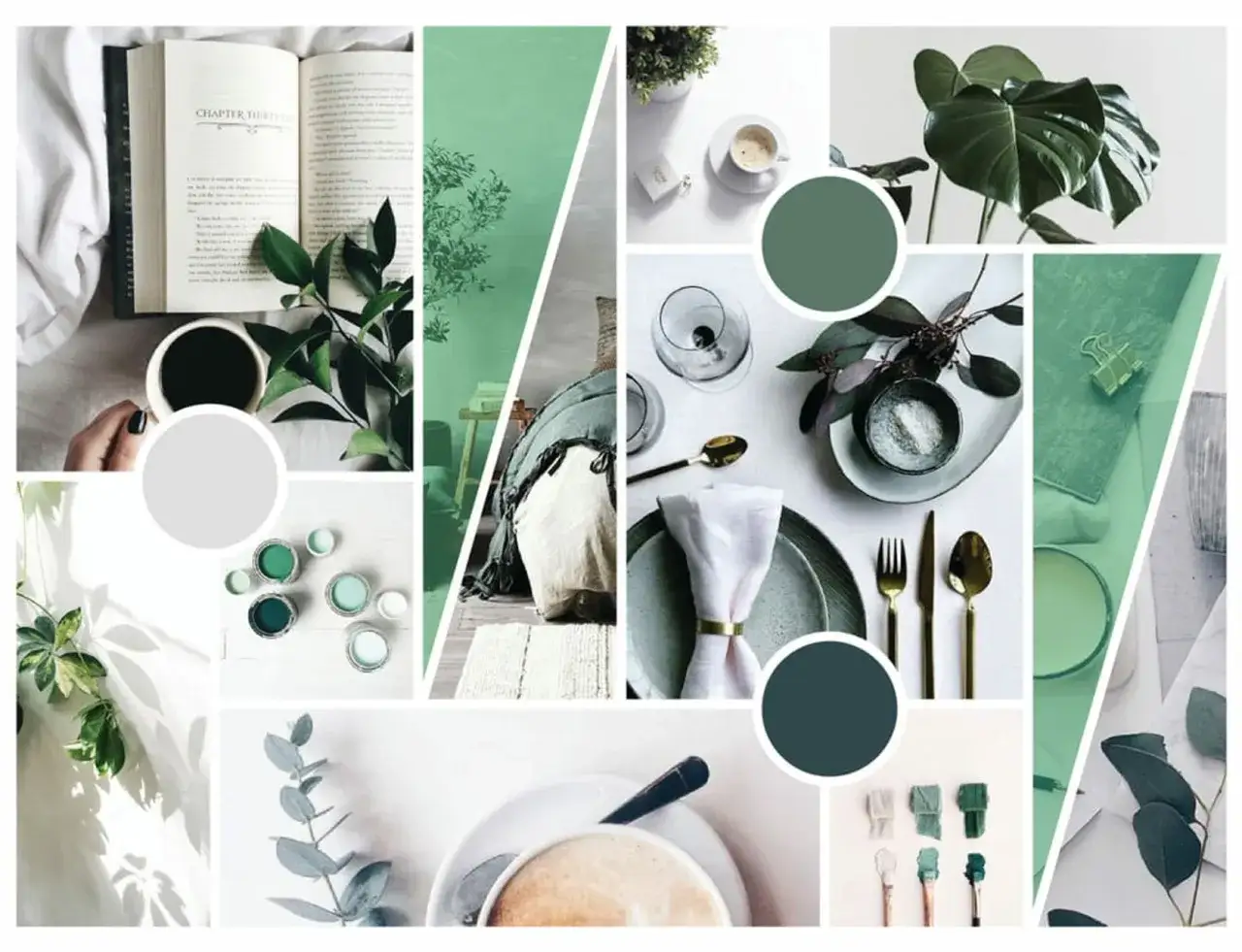 A mood board showcasing a serene, nature-inspired palette with greens, grays, and whites. Images include an open book, coffee, plants, and a dining setting.