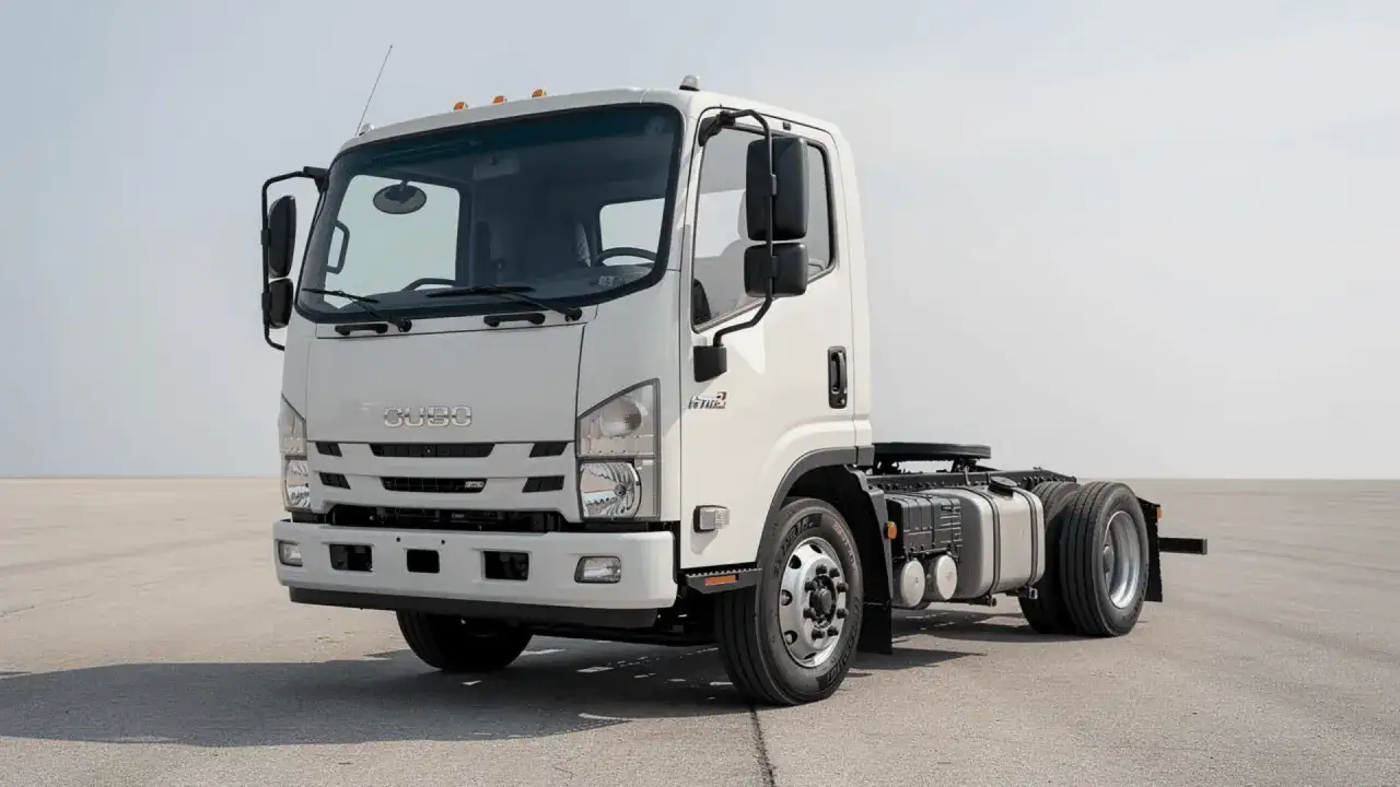 Un camion américain nez plat blanc, prêt pour la route.
