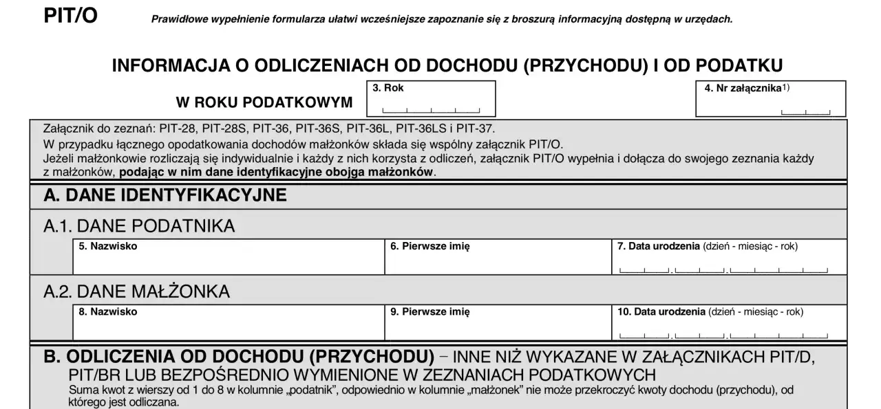 Formularz PIT/O do rozliczeń podatkowych małżonków. Sekcja A zawiera dane identyfikacyjne podatnika i małżonka.
