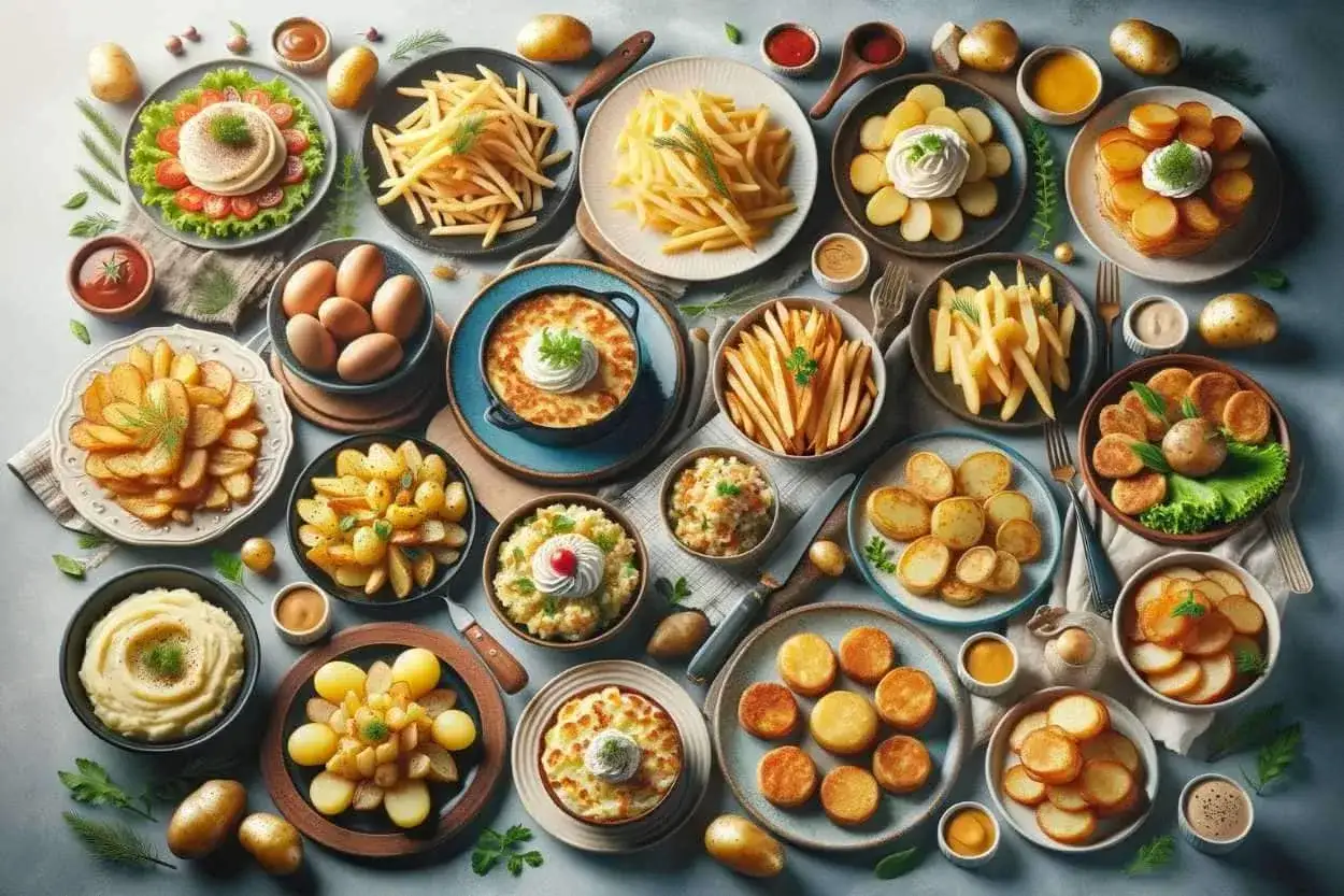 Vielfalt an Kartoffelgerichten: Pommes, Bratkartoffeln, Kartoffelpüree und mehr. Ein Festmahl, bei dem Kartoffeln kochen im Mittelpunkt steht.