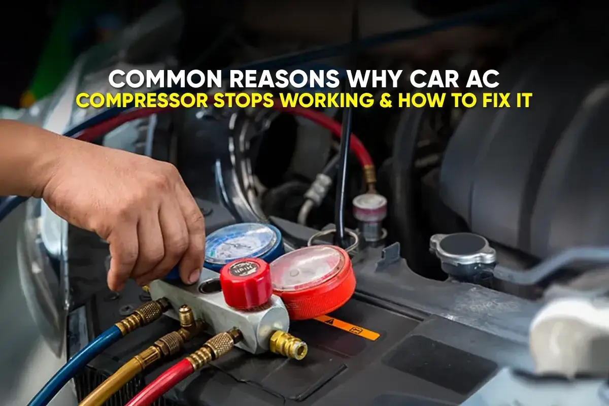 Mecánico usando manómetros para comprobar compresor aire acondicionado coche.