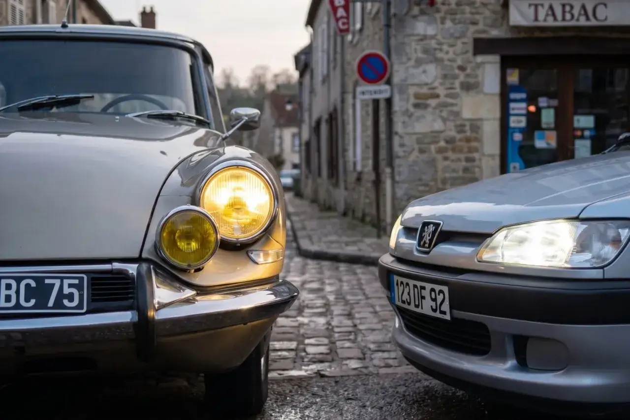 Deux voitures, une ancienne avec ses phares jaunes, l'autre plus moderne, se font face. La lumière des feux de croisement éclaire la rue pavée.
