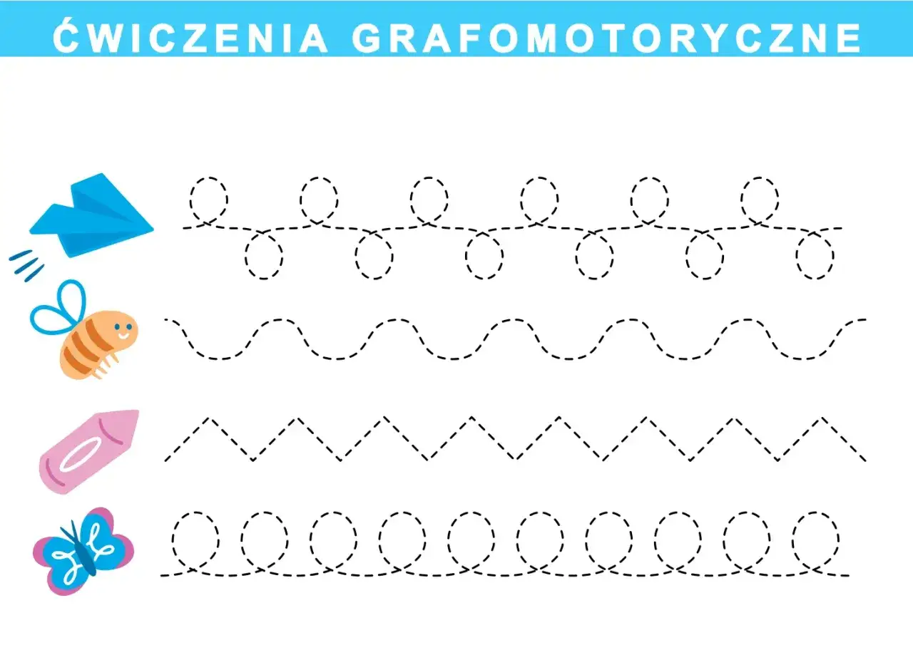Ćwiczenia grafomotoryczne: samolot, pszczoła, kredka i motyl prowadzą po kropkowanych liniach: pętelki, fale, zygzaki i okręgi.