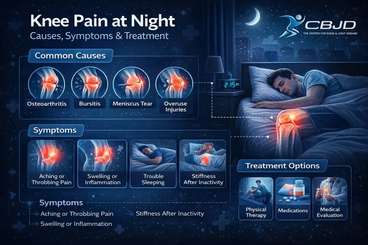 Un homme dort, mais sa douleur au genou au repos la nuit l'emp&ecirc;che de trouver le sommeil. L'image montre les causes, sympt&ocirc;mes et traitements.