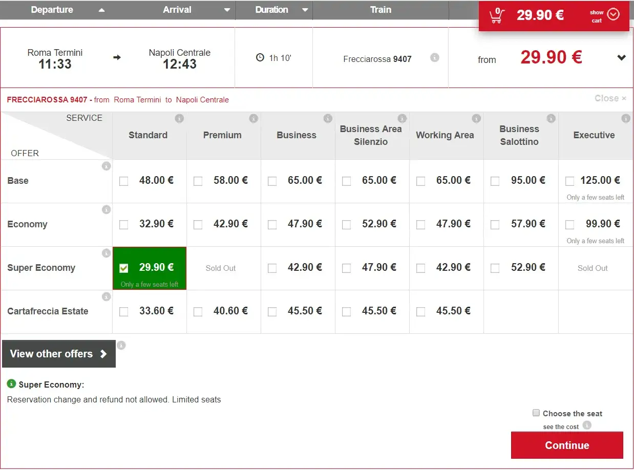 Szukasz jak kupić bilet na pociąg we Włoszech? Na ekranie widzisz opcje przejazdu z Rzymu do Neapolu, w tym Super Economy za 29.90 &euro;.
