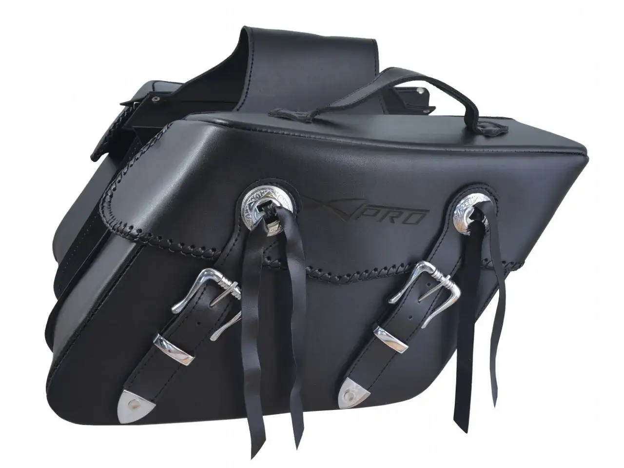 Coppia di borse moto custom in pelle nera, con fibbie argentate e dettagli artigianali. Perfette per dare un tocco unico alla tua moto.