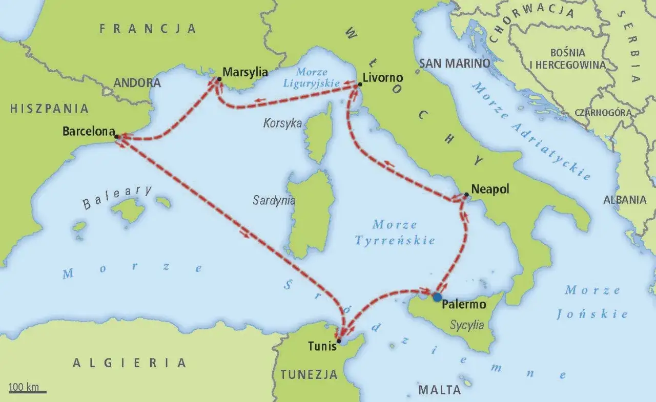 Trasa rejsów po Morzu Śródziemnym: Barcelona, Marsylia, Livorno, Neapol, Palermo, Tunis.