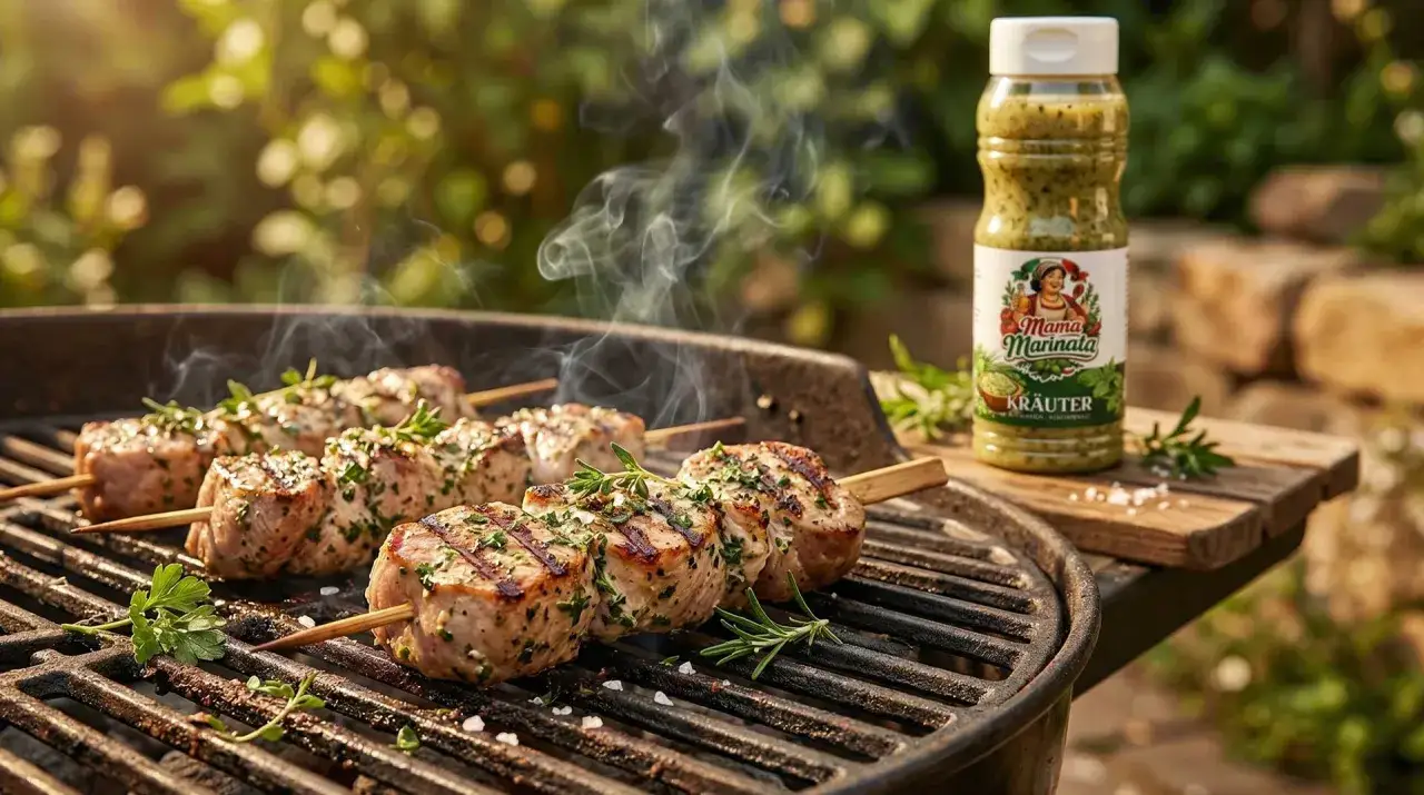 Saftige Schweinelende grillen auf dem Rost, mit Kräutern verfeinert. Daneben eine Flasche Mama Marinata Kräuter.