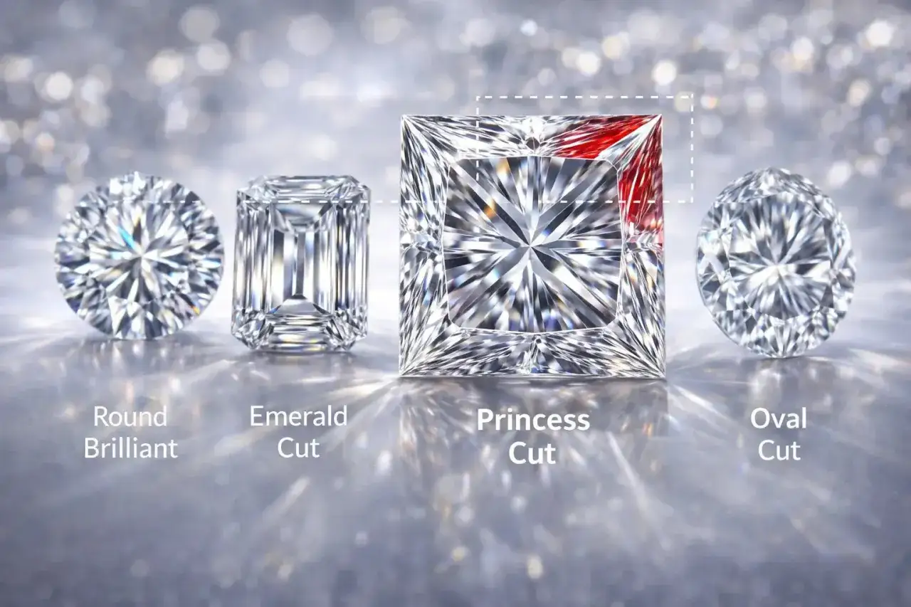 Cztery diamenty: okrągły, szmaragdowy, princess cut i owalny. Szlif princess cut błyszczy czerwienią.