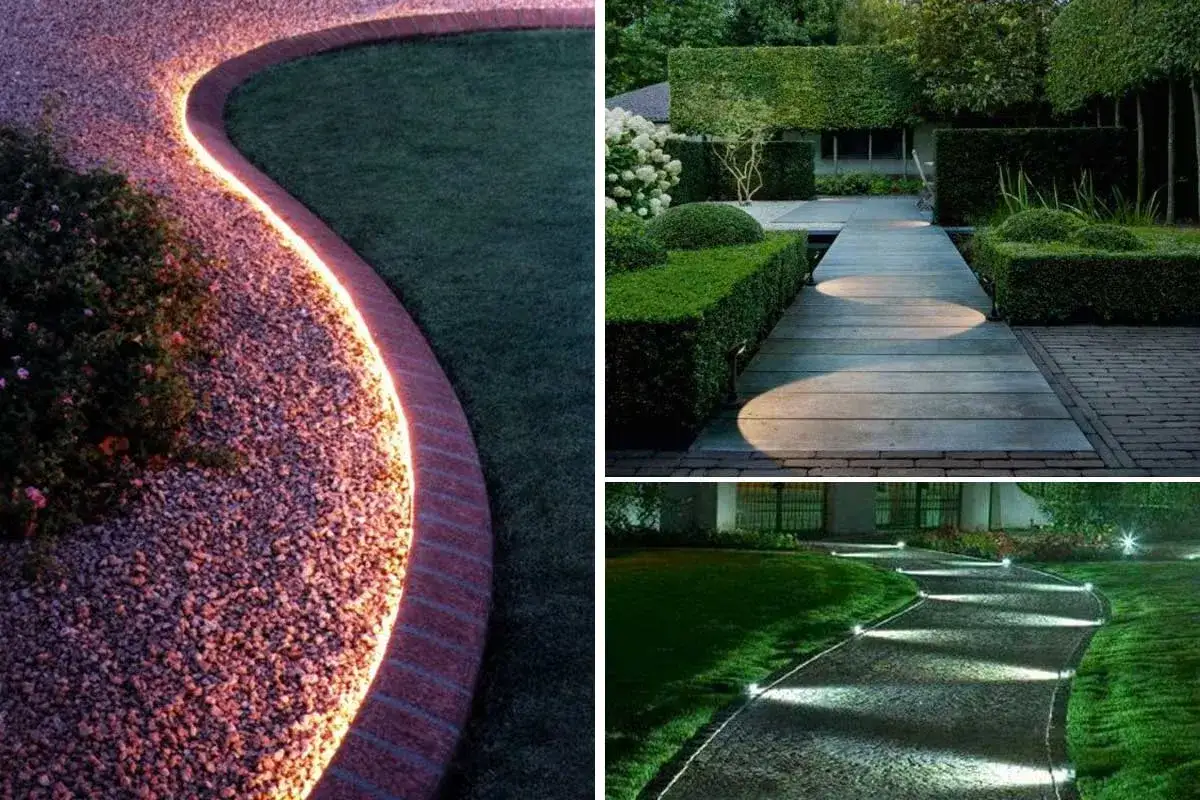 Vialetto ingresso villetta illuminato da luci soffuse, che creano un'atmosfera magica e accogliente.