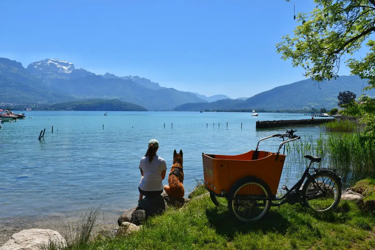 Une femme et son chien profitent de la vue sur le lac d'Annecy. Un vélo-cargo orange est garé à proximité. Le chien est autorisé ici.