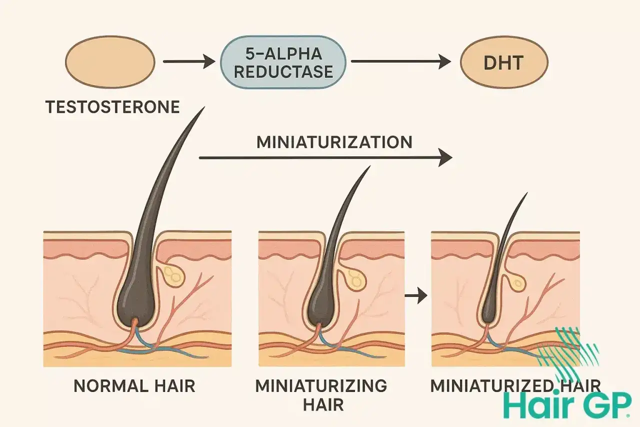Le processus de miniaturisation des cheveux, caus&eacute; par la dht hormone, transforme un cheveu normal en un cheveu miniaturis&eacute;.