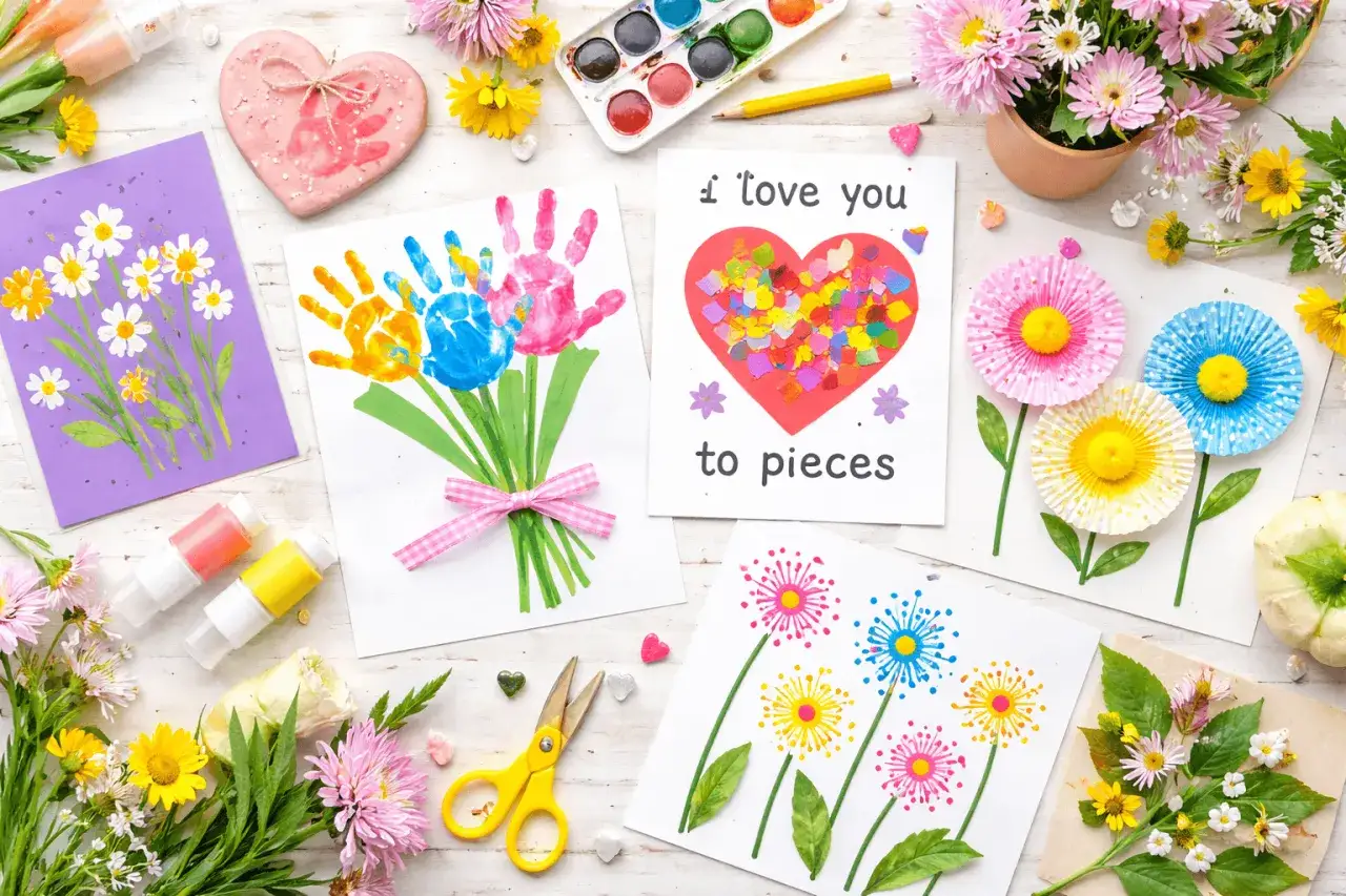 Idee per disegni per la festa della mamma facili: biglietti con impronte, cuori e fiori colorati, perfetti per un regalo fatto a mano.