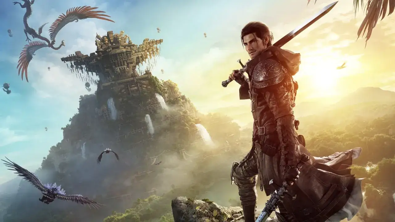 Rycerz z mieczem na tle fantastycznej fortecy i latających stworzeń. Zapowiada to jedne z najlepszych gier mmorpg.