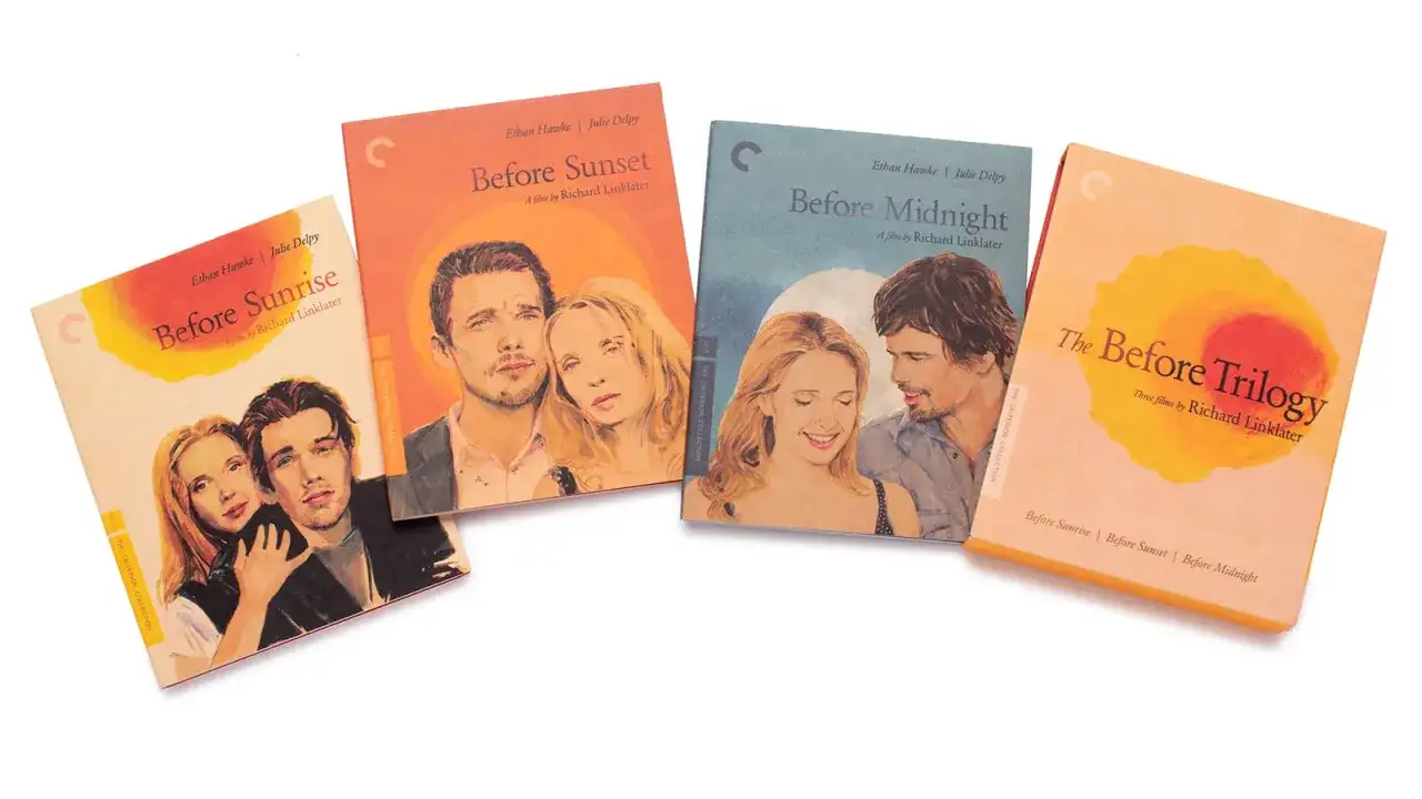 Le copertine dei film Before Sunrise, Before Sunset e Before Midnight, che compongono la Before Trilogy, con i volti di Ethan Hawke e Julie Delpy.