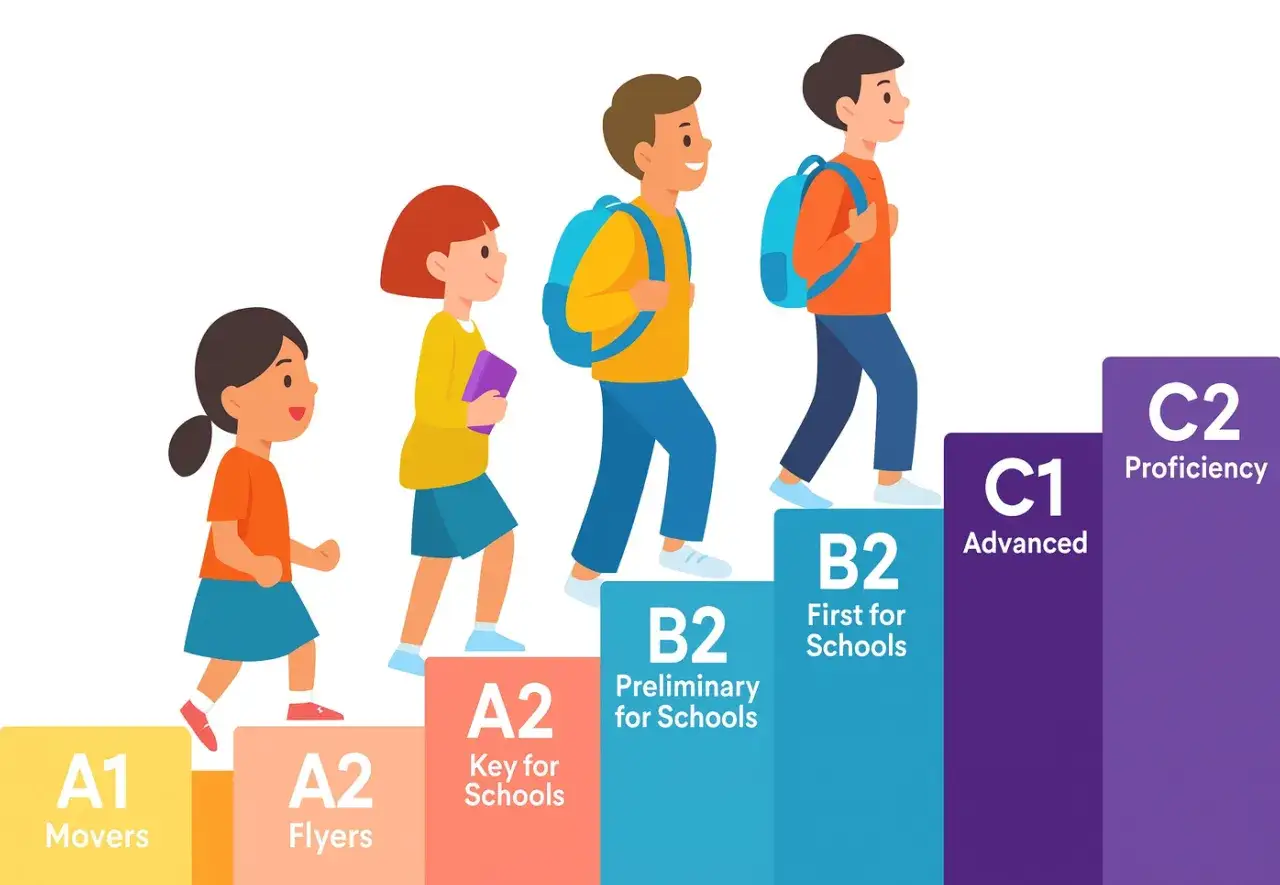 Niños subiendo escalones de niveles de inglés, desde A1 hasta C2. ¡Encuentra el mejor curso inglés b2 online gratis para avanzar!