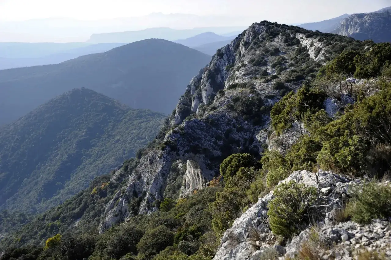 Vue spectaculaire des montagnes environnantes lors d'une randonnée à Bonnieux. Le sentier serpente sur un flanc rocheux couvert de végétation méditerranéenne.