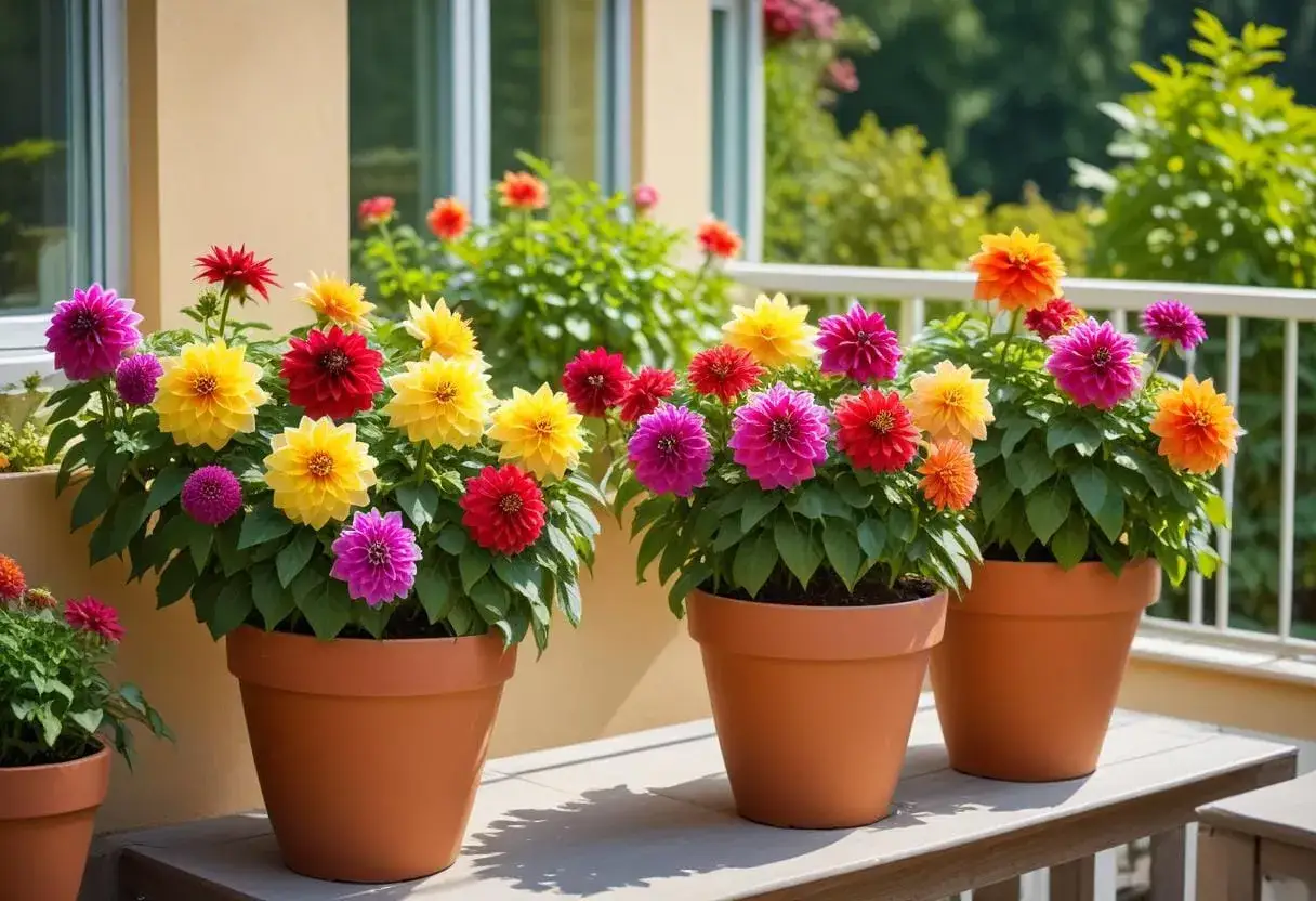 Färgglada dahlia i kruka blommar i solen på en altan.