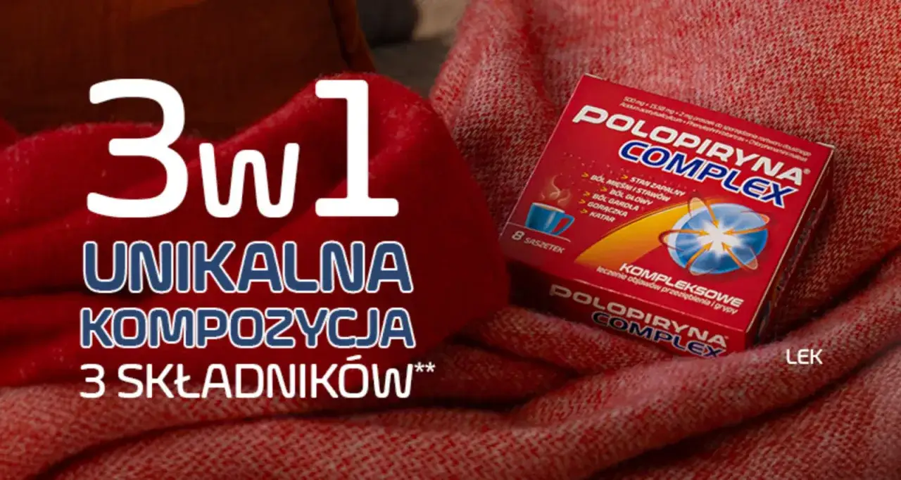 Opakowanie Polopiryna Complex na czerwonym tle. Produkt leczy objawy przeziębienia i grypy.