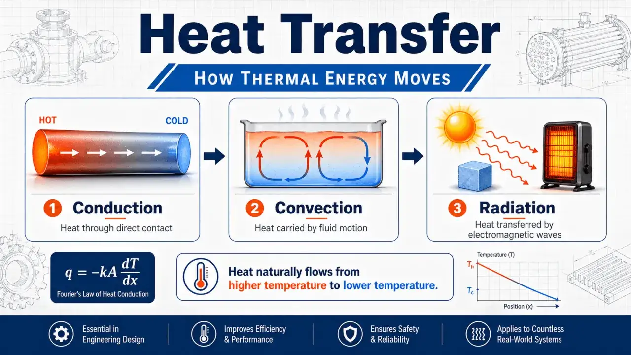 Ilustración explica cómo se transmite el calor: conducción, convección y radiación. El calor fluye de alta a baja temperatura.