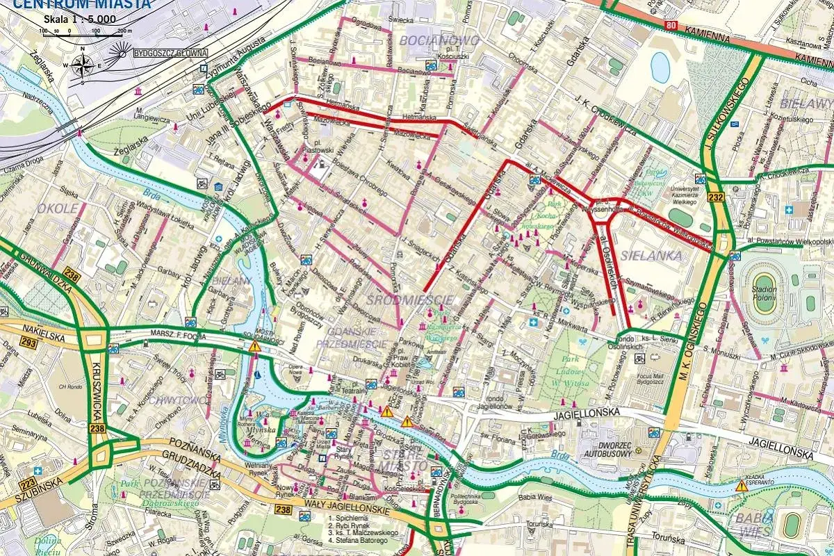Mapa Bydgoszczy z zaznaczonymi trasami rowerowymi.