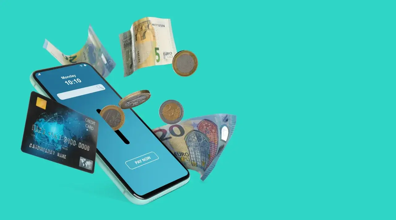 Płatności online w Grecji: smartfon, karta kredytowa i euro. Szybkie transakcje z walutą w tle.