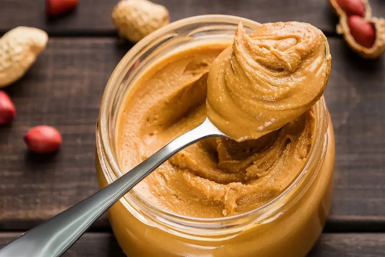 Ein L&ouml;ffel cremiger Erdnussbutter &uuml;ber einem Glas, ideal f&uuml;r Muskelaufbau. N&uuml;sse liegen verstreut.