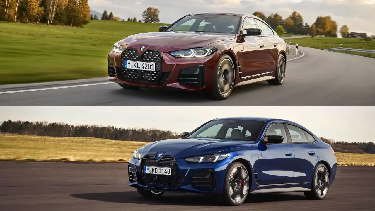 Dwa BMW M440i: jeden w kolorze bordowym, drugi granatowy, pędzą po krętej drodze wśród zielonych wzgórz.