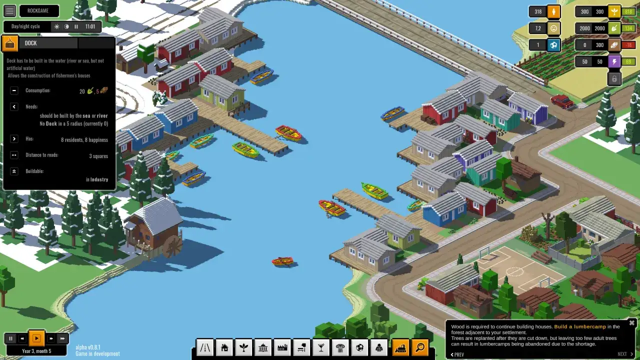 Vista de un juego de simulación de construcción de ciudades, con un muelle y casas de pescadores junto al agua. El análisis de juegos de PC revela detalles de construcción y recursos.