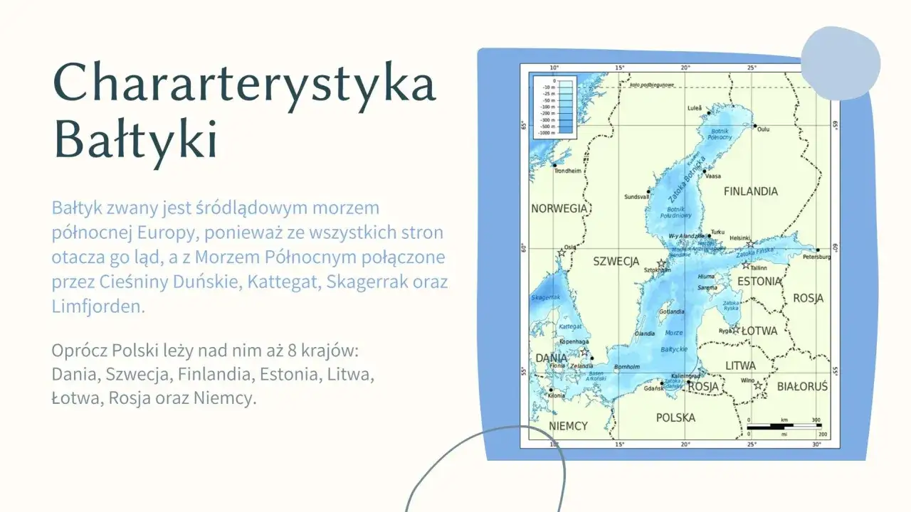 Mapa przedstawia Bałtyk, morze śródlądowe otoczone przez 8 krajów.